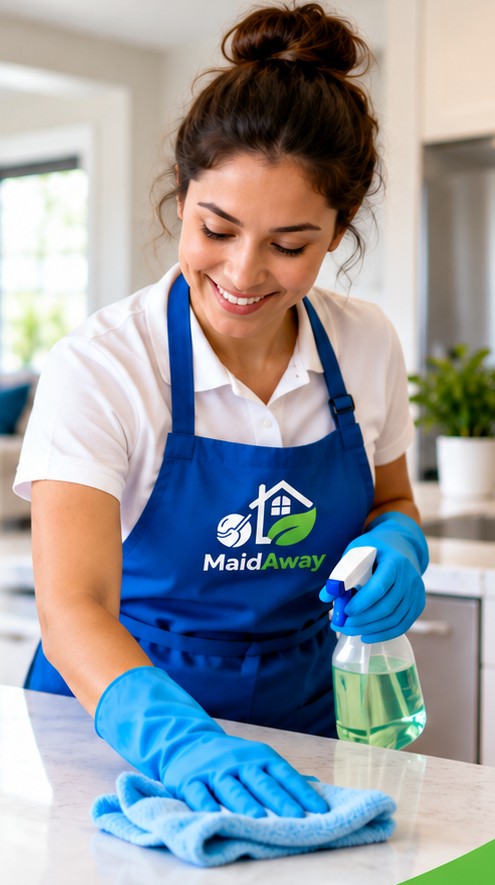 Professional cleaner wiping a countertop in a bright home